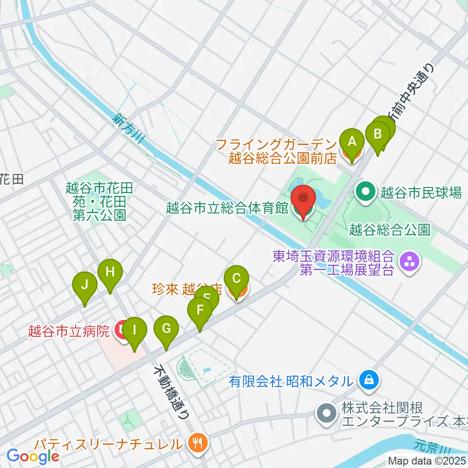 越谷市立総合体育館周辺のファミレス・ファーストフード一覧地図