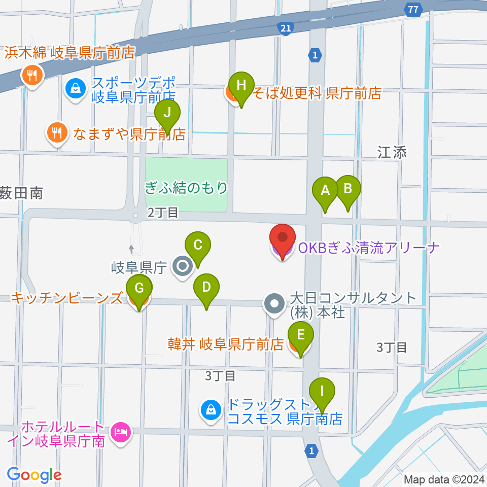 OKBぎふ清流アリーナ周辺のファミレス・ファーストフード一覧地図