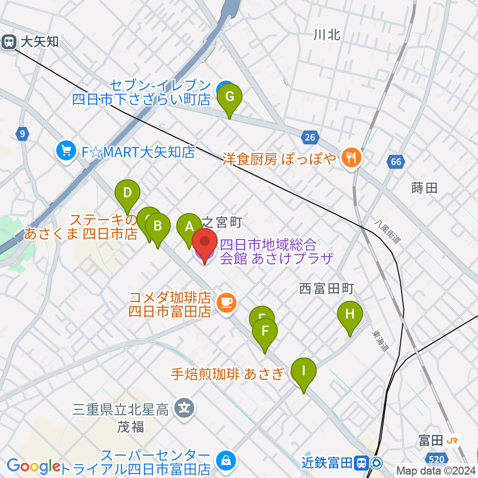 四日市地域総合会館あさけプラザ周辺のファミレス・ファーストフード一覧地図