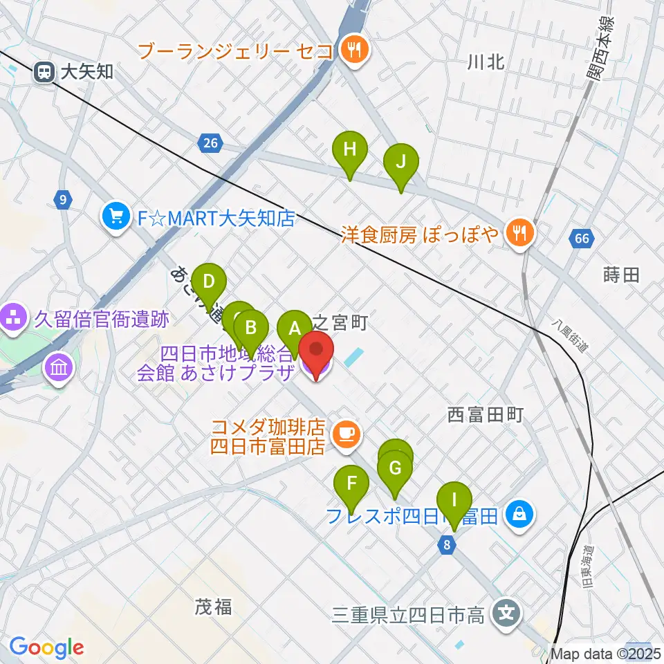 四日市地域総合会館あさけプラザ周辺のファミレス・ファーストフード一覧地図