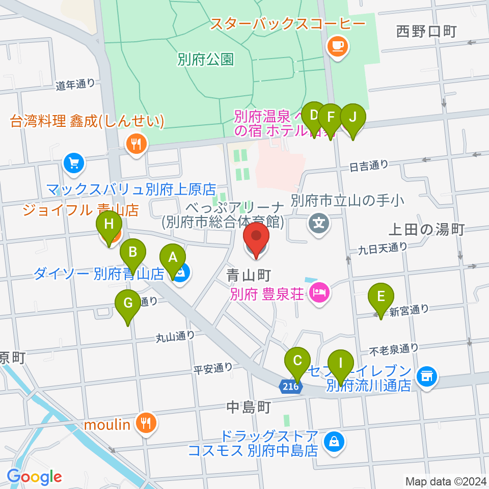 べっぷアリーナ周辺のファミレス・ファーストフード一覧地図