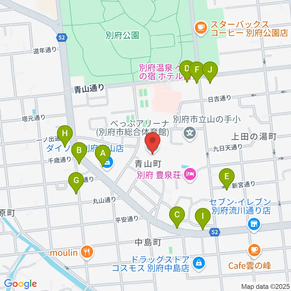 べっぷアリーナ周辺のファミレス・ファーストフード一覧地図