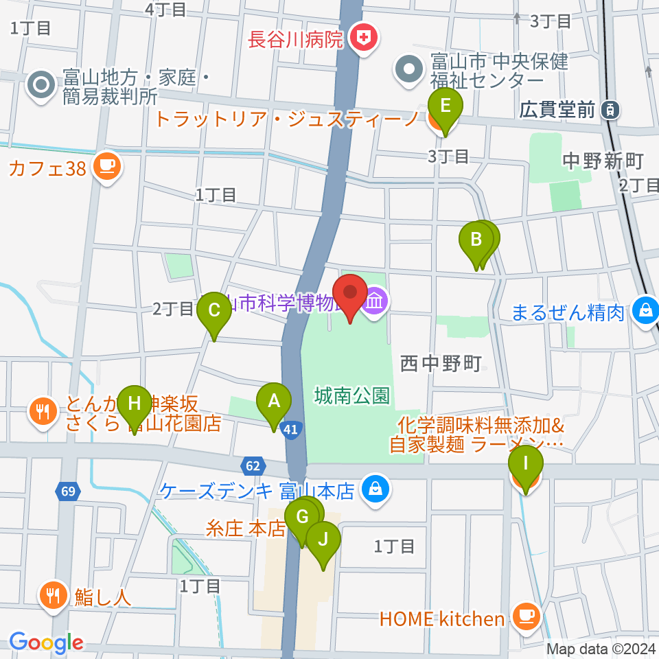 富山市科学博物館周辺のファミレス・ファーストフード一覧地図