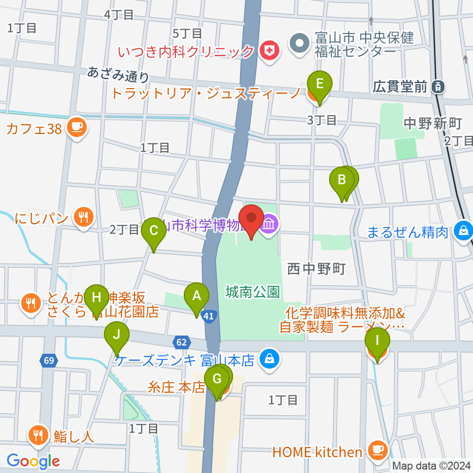 富山市科学博物館周辺のファミレス・ファーストフード一覧地図