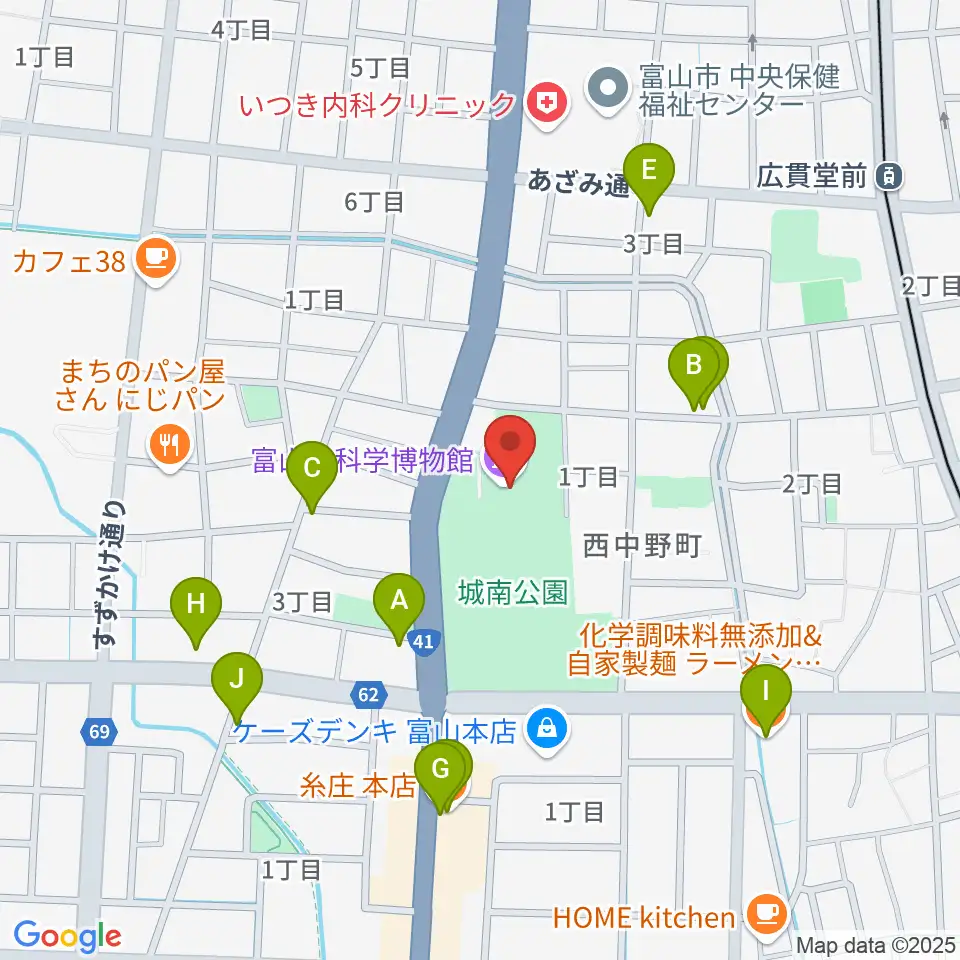 富山市科学博物館周辺のファミレス・ファーストフード一覧地図