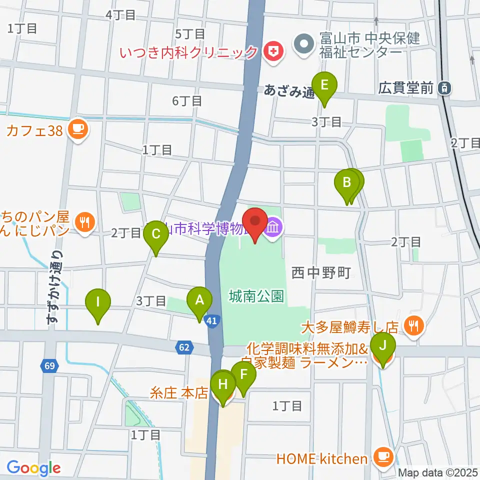 富山市科学博物館周辺のファミレス・ファーストフード一覧地図