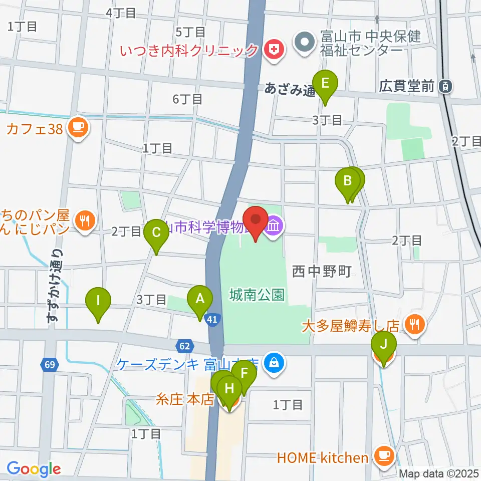 富山市科学博物館周辺のファミレス・ファーストフード一覧地図