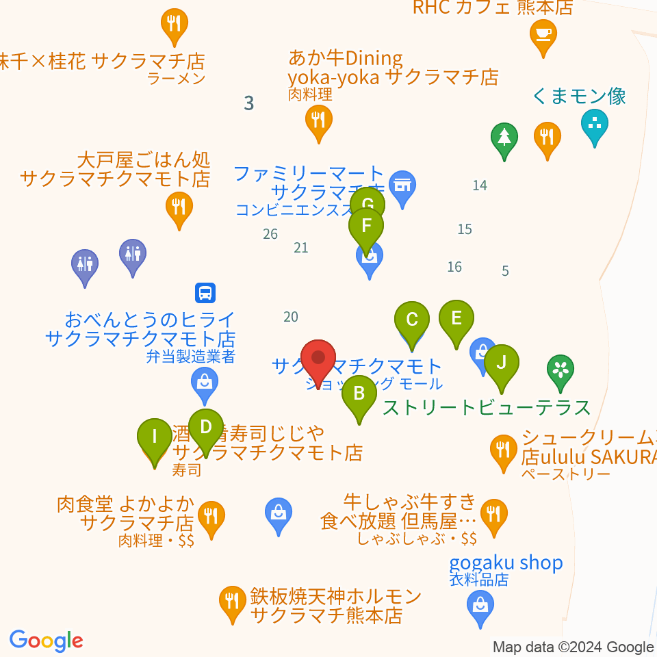 TOHOシネマズ 熊本サクラマチ周辺のファミレス・ファーストフード一覧地図