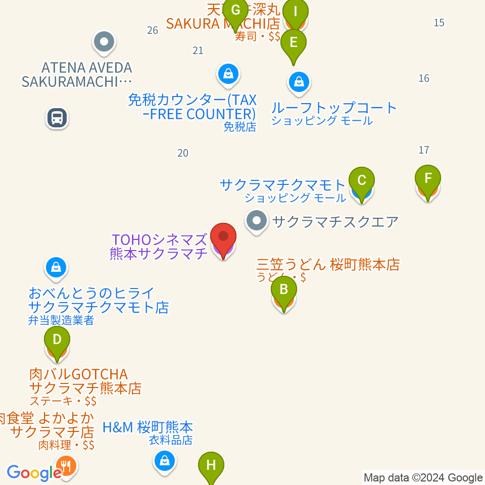 TOHOシネマズ 熊本サクラマチ周辺のファミレス・ファーストフード一覧地図