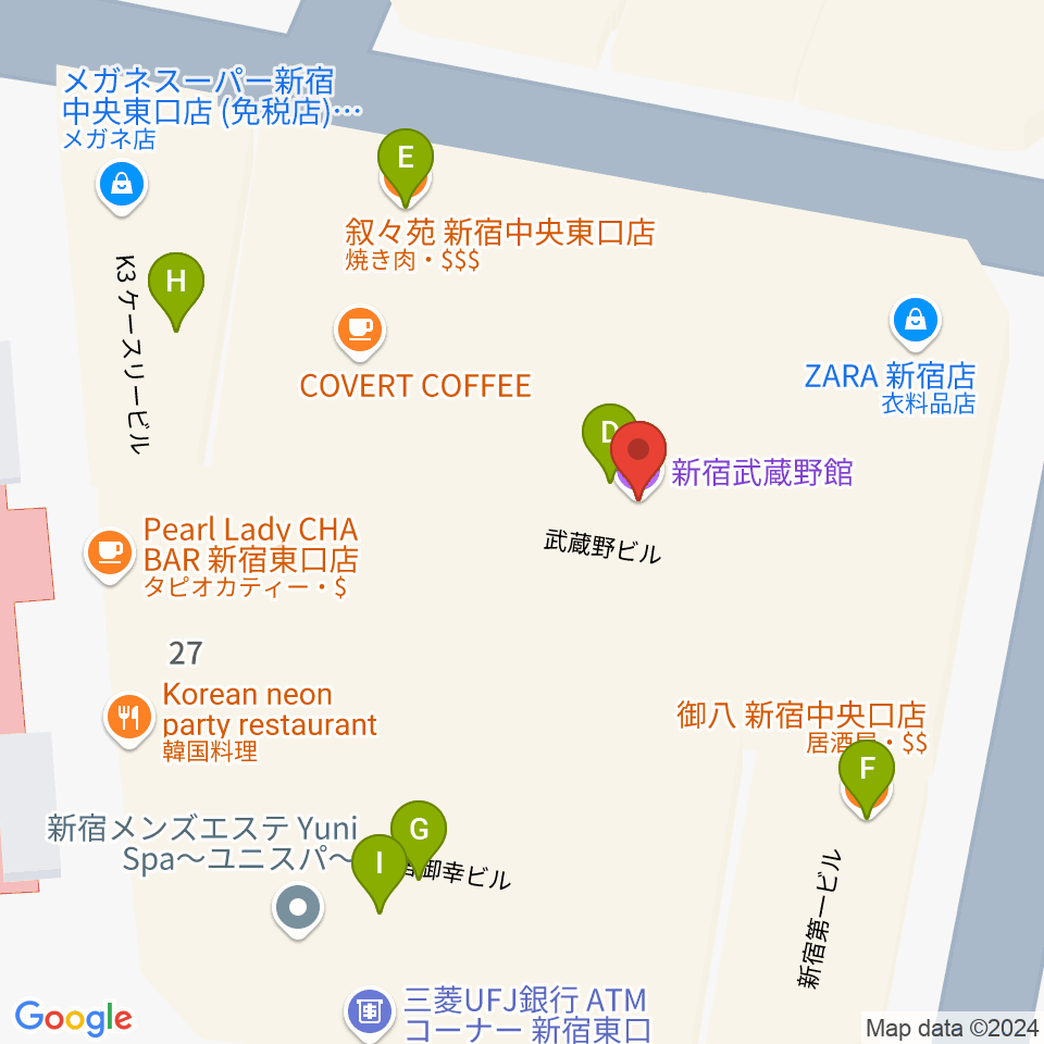 新宿武蔵野館周辺のファミレス・ファーストフード一覧地図