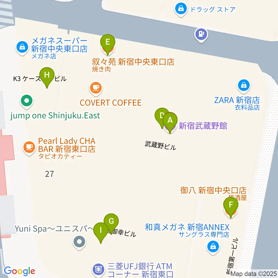 新宿武蔵野館周辺のファミレス・ファーストフード一覧地図