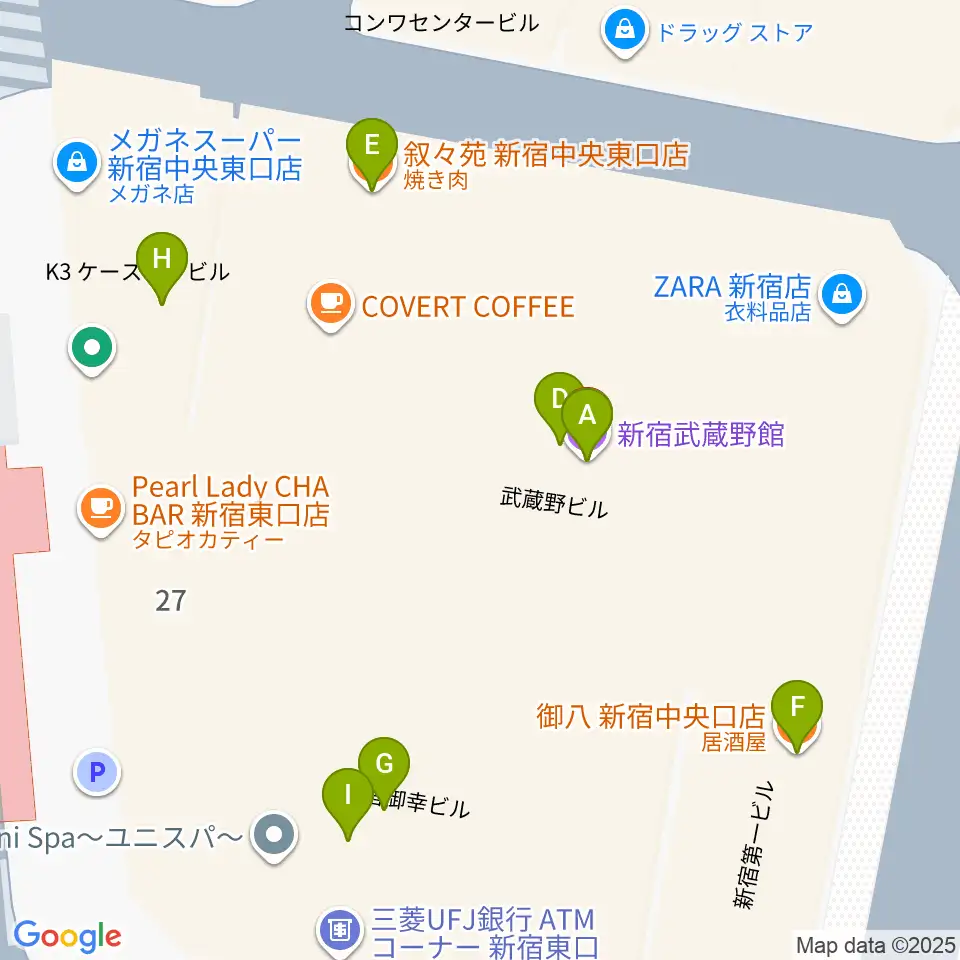新宿武蔵野館周辺のファミレス・ファーストフード一覧地図