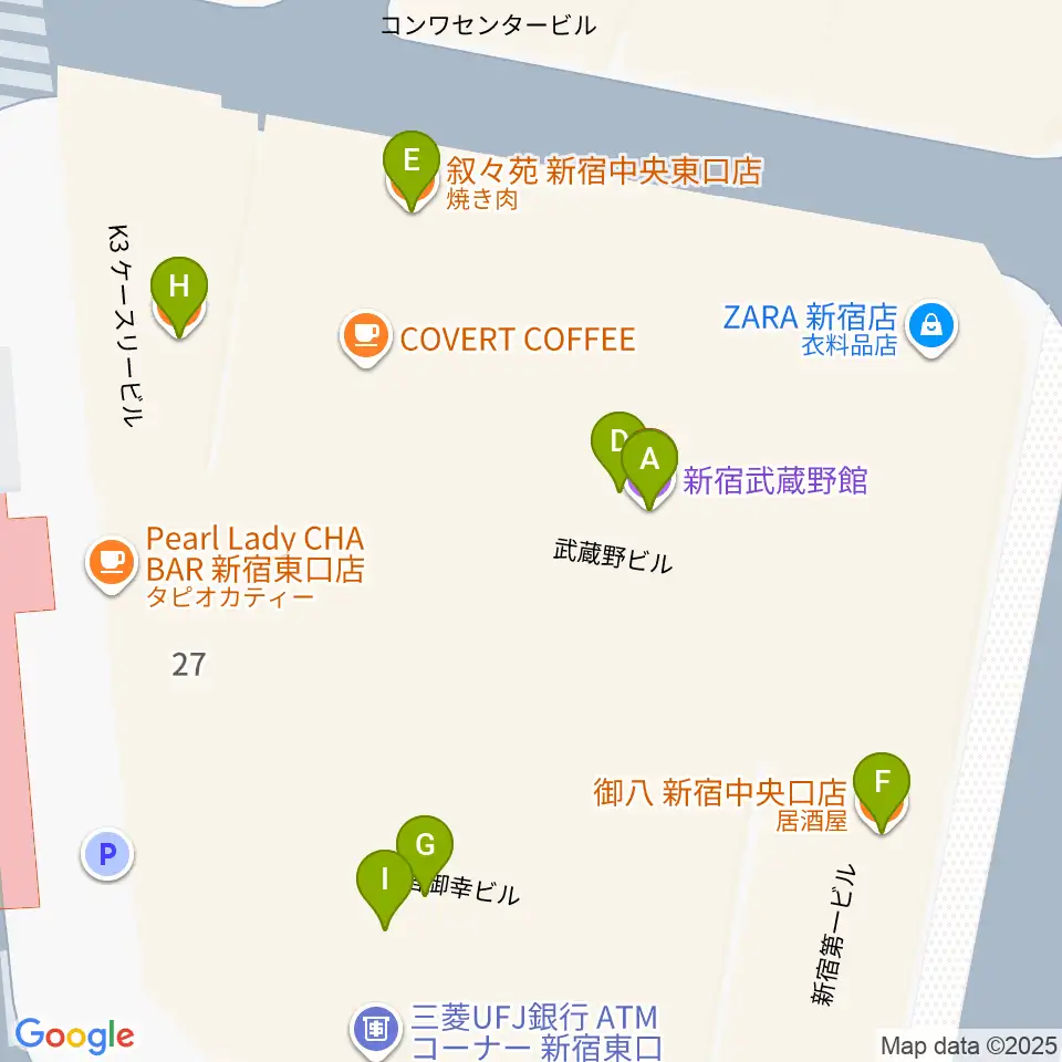 新宿武蔵野館周辺のファミレス・ファーストフード一覧地図