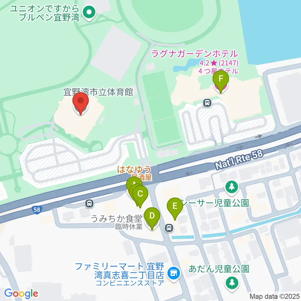 宜野湾市立体育館周辺のファミレス・ファーストフード一覧地図