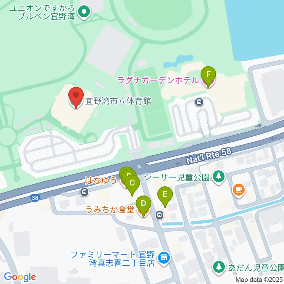 宜野湾市立体育館周辺のファミレス・ファーストフード一覧地図