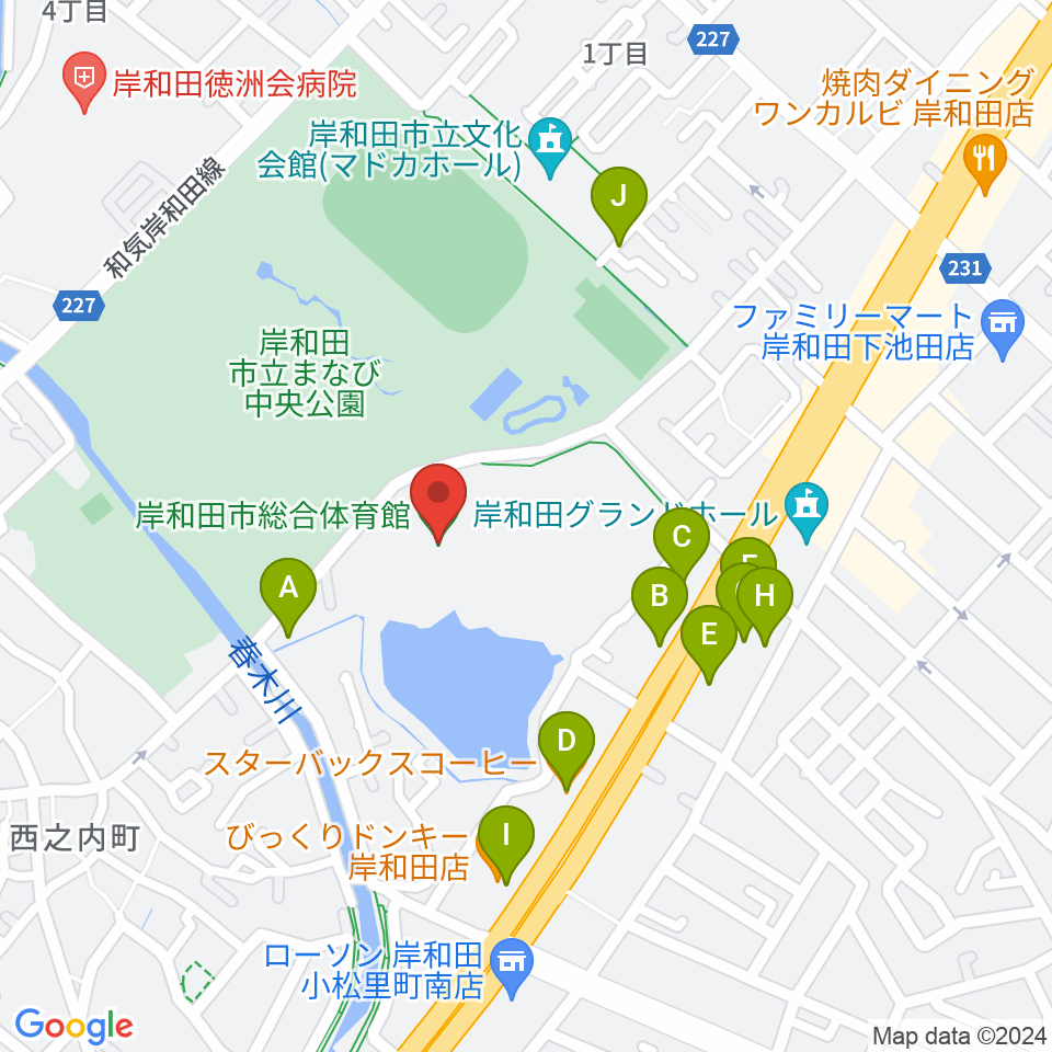 岸和田市総合体育館周辺のファミレス・ファーストフード一覧地図