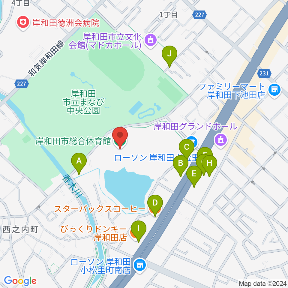 岸和田市総合体育館周辺のファミレス・ファーストフード一覧地図