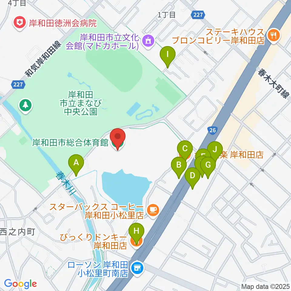 岸和田市総合体育館周辺のファミレス・ファーストフード一覧地図