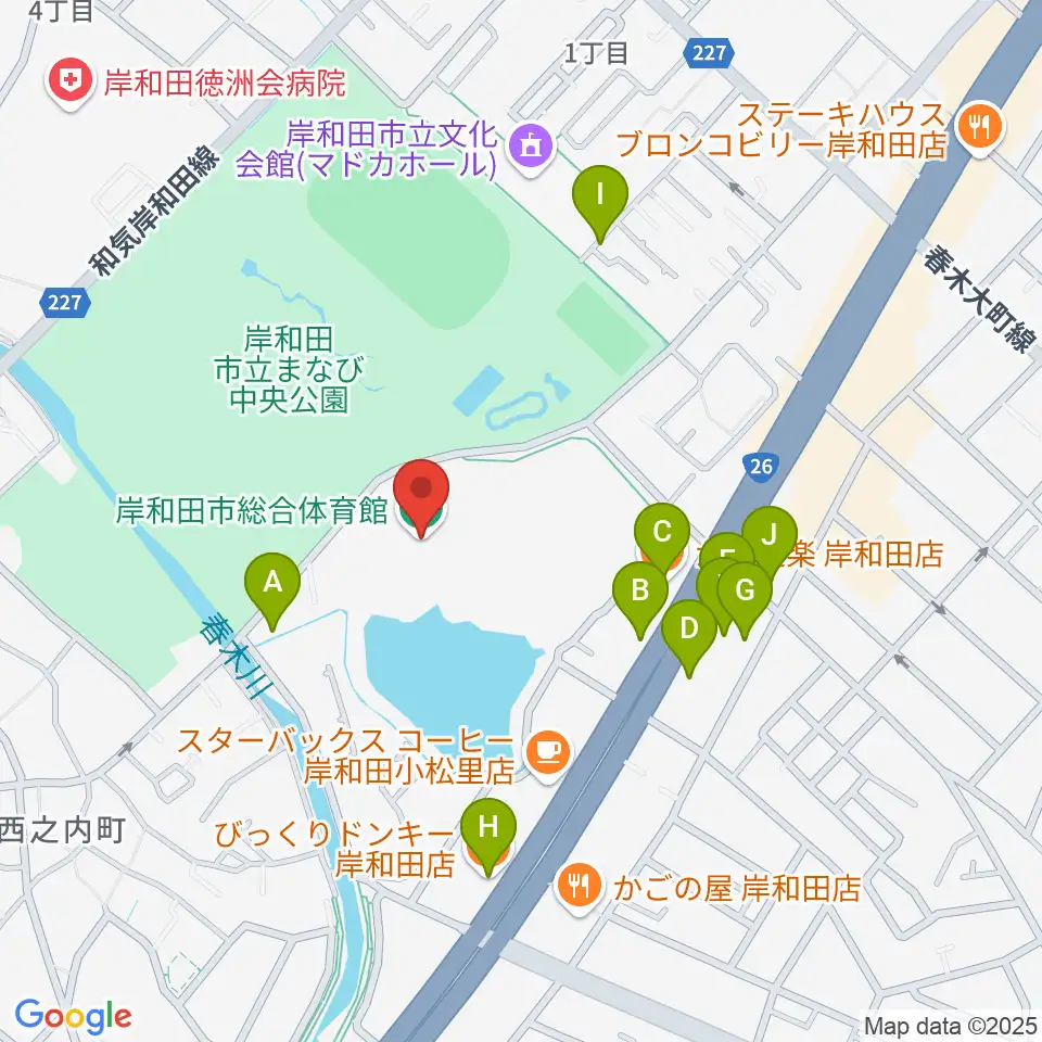 岸和田市総合体育館周辺のファミレス・ファーストフード一覧地図