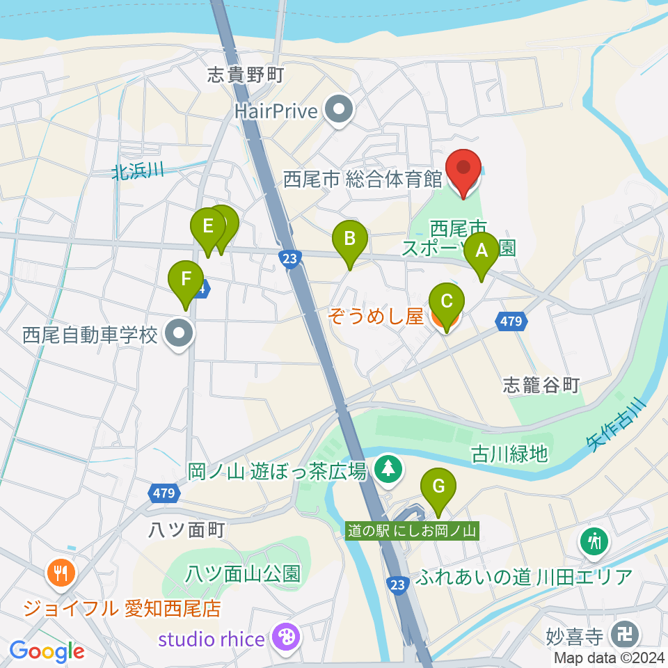 西尾市総合体育館周辺のファミレス・ファーストフード一覧地図