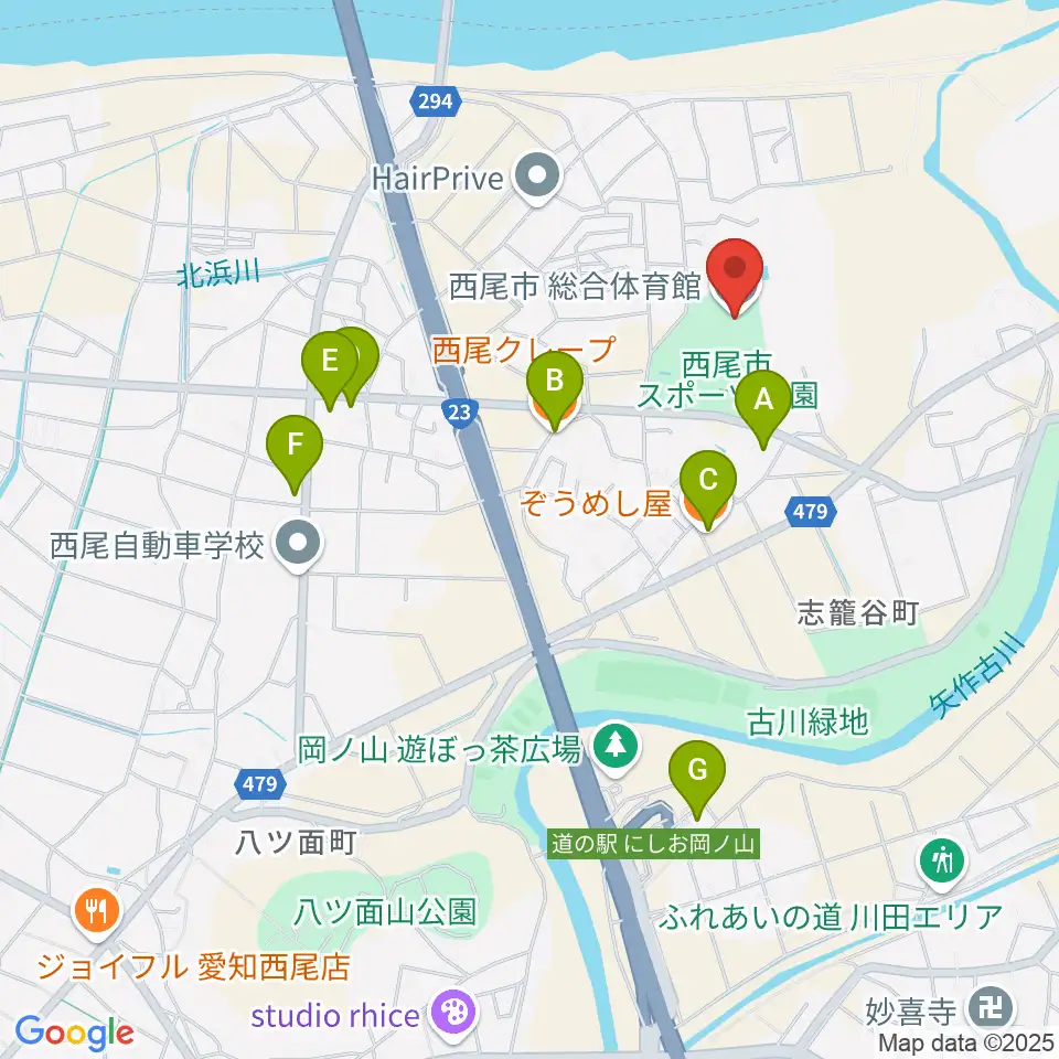 西尾市総合体育館周辺のファミレス・ファーストフード一覧地図