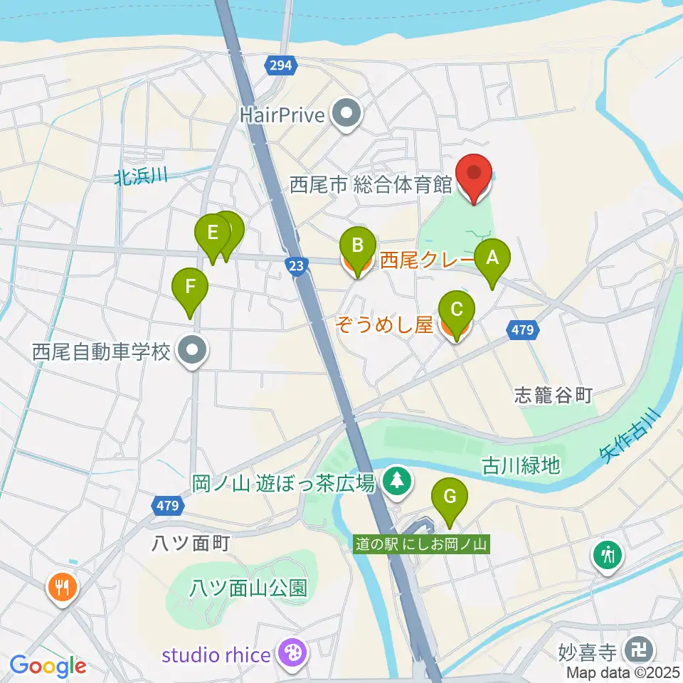 西尾市総合体育館周辺のファミレス・ファーストフード一覧地図