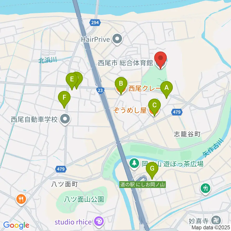 ダイセンアリーナ西尾周辺のファミレス・ファーストフード一覧地図