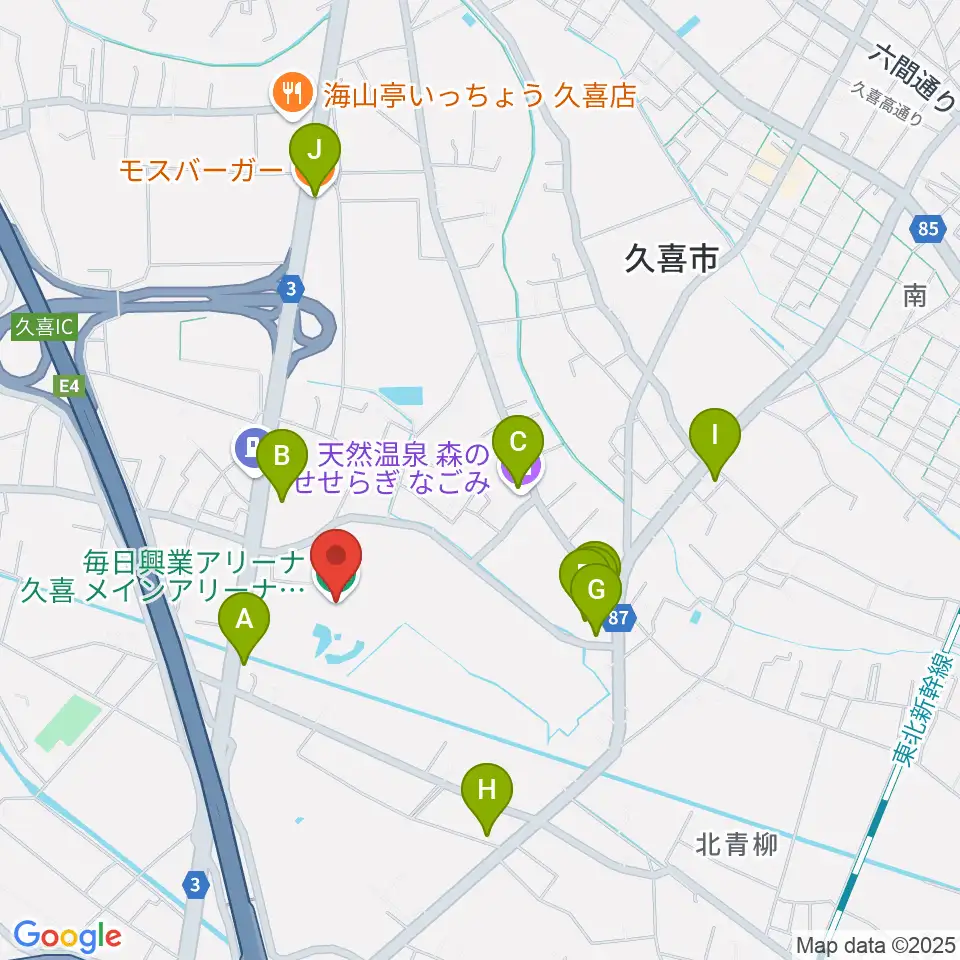 毎日興業アリーナ久喜周辺のファミレス・ファーストフード一覧地図