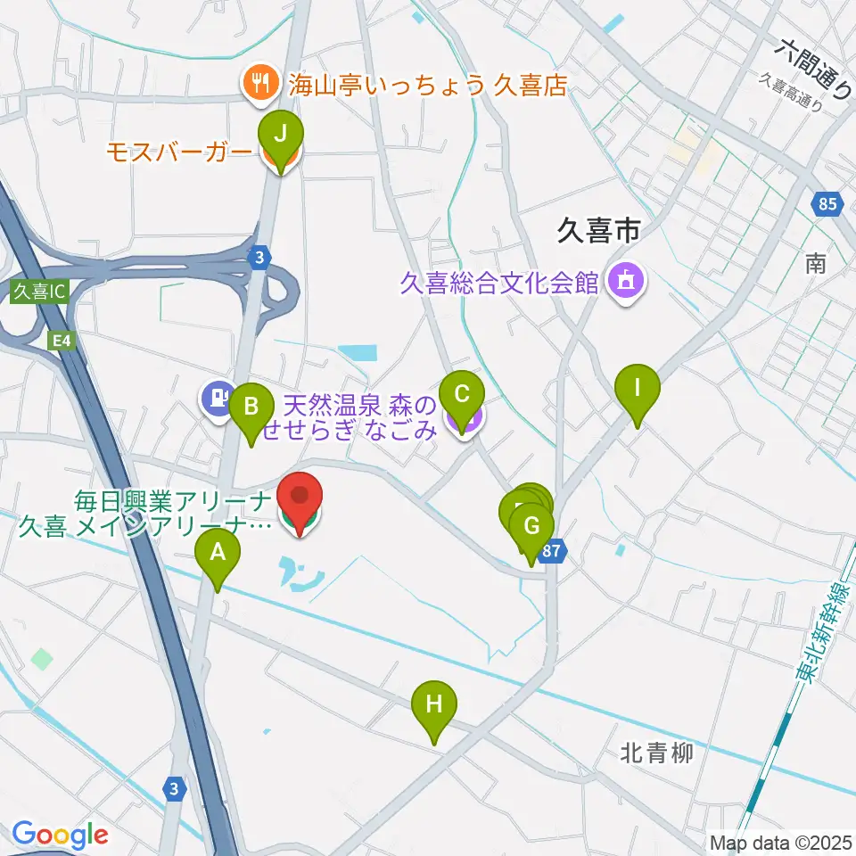 毎日興業アリーナ久喜周辺のファミレス・ファーストフード一覧地図