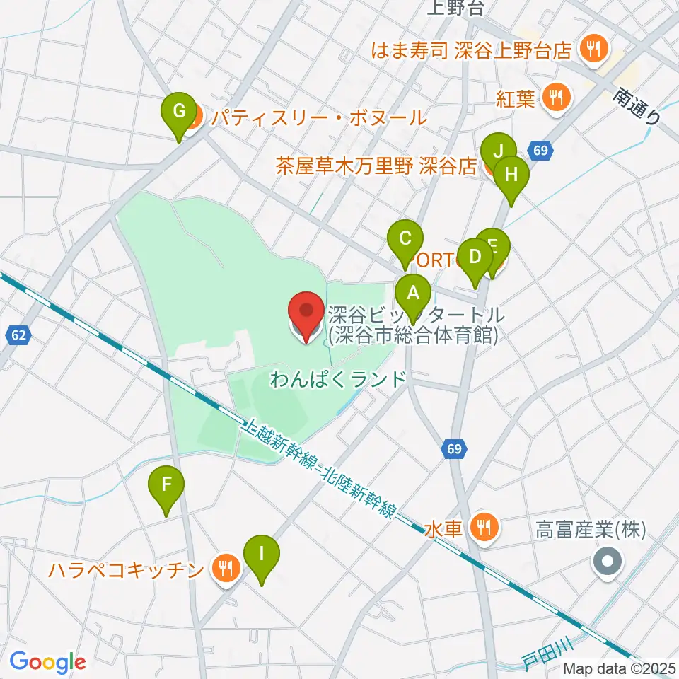 深谷ビッグタートル 深谷市総合体育館周辺のファミレス・ファーストフード一覧地図