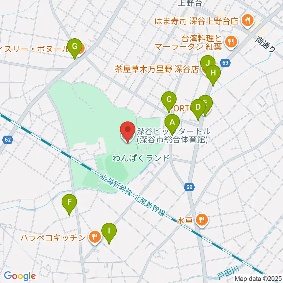 深谷ビッグタートル 深谷市総合体育館周辺のファミレス・ファーストフード一覧地図