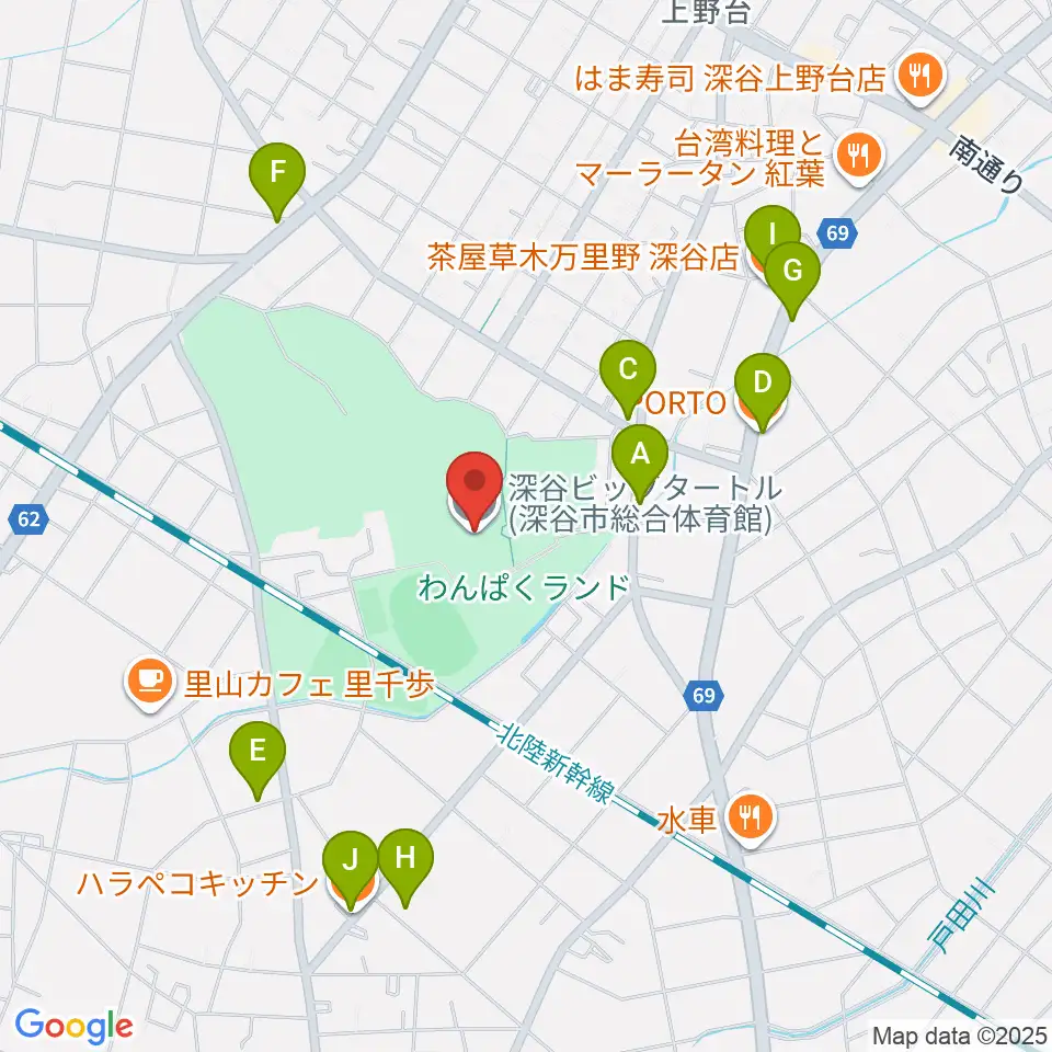 深谷ビッグタートル 深谷市総合体育館周辺のファミレス・ファーストフード一覧地図