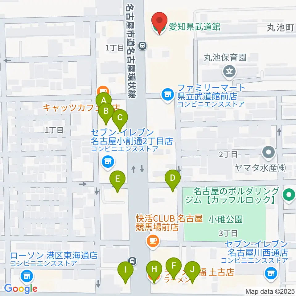 愛知県武道館周辺のファミレス・ファーストフード一覧地図