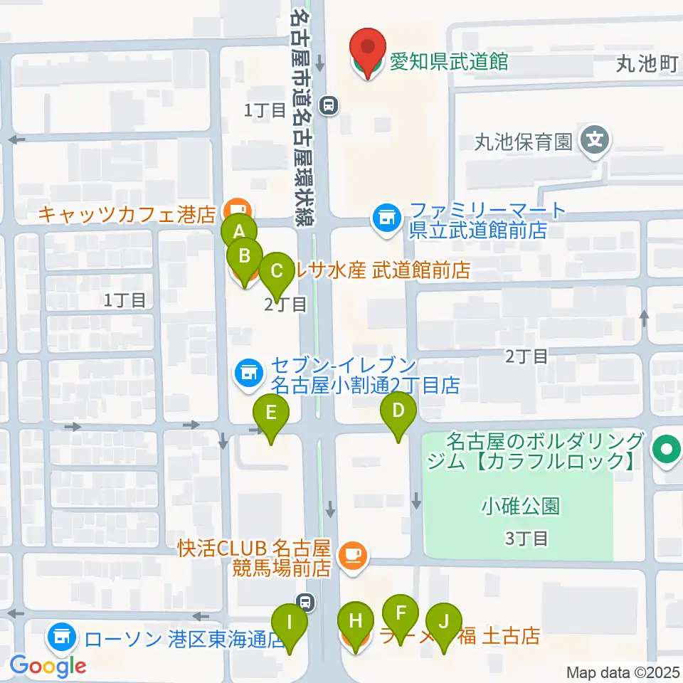 愛知県武道館周辺のファミレス・ファーストフード一覧地図