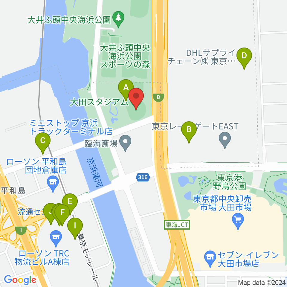 大田スタジアム周辺のファミレス・ファーストフード一覧地図