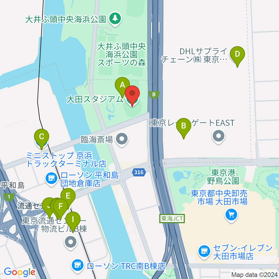 大田スタジアム周辺のファミレス・ファーストフード一覧地図