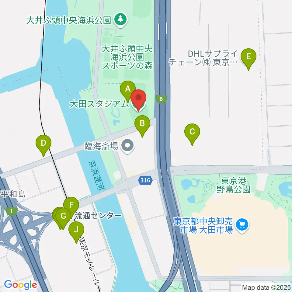 大田スタジアム周辺のファミレス・ファーストフード一覧地図