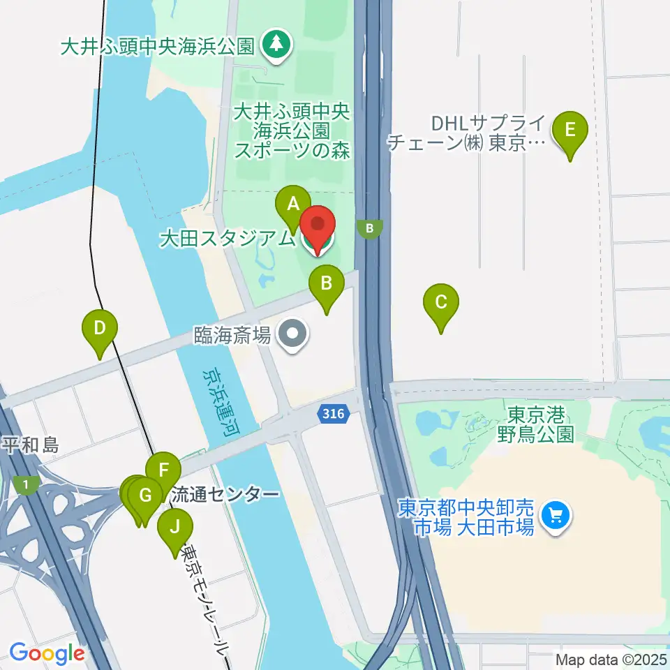大田スタジアム周辺のファミレス・ファーストフード一覧地図
