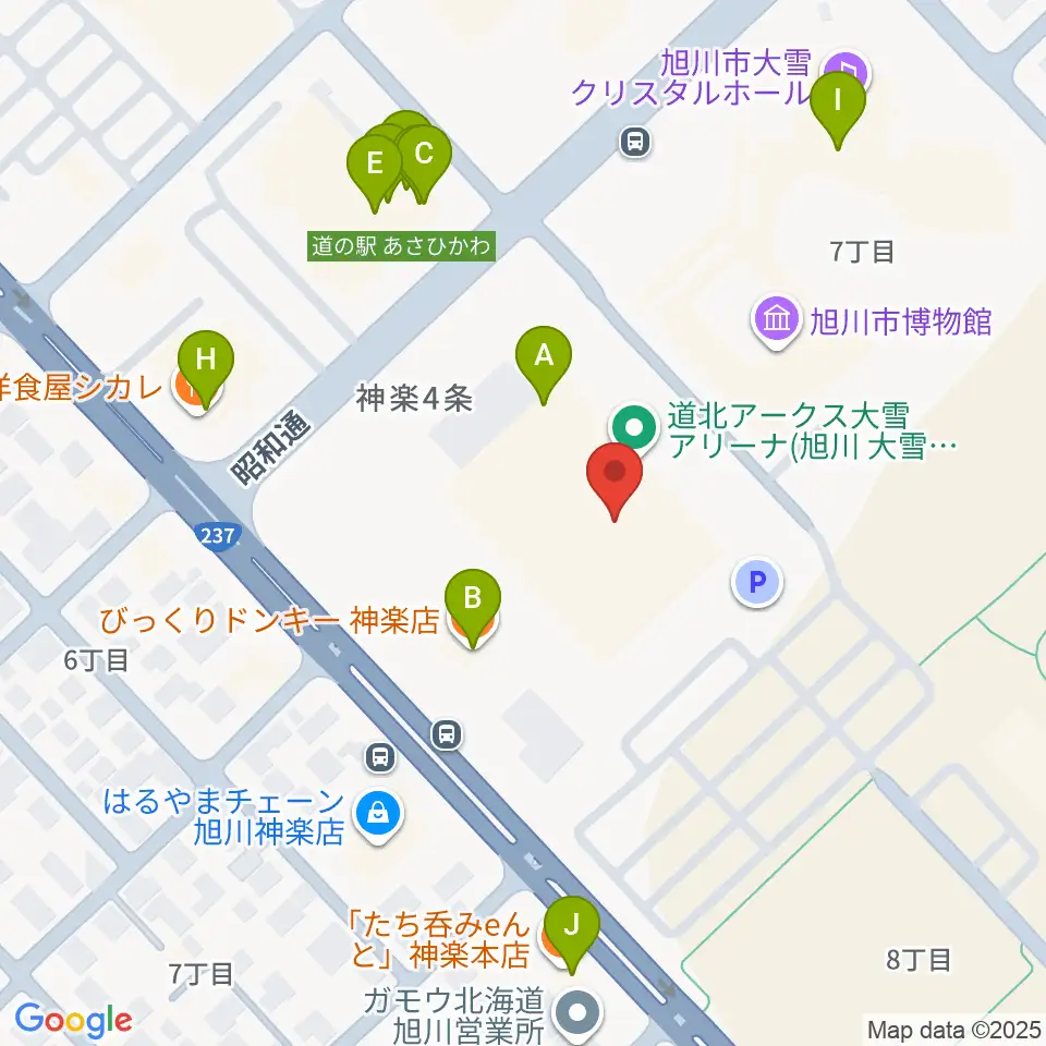 道北アークス大雪アリーナ周辺のファミレス・ファーストフード一覧地図