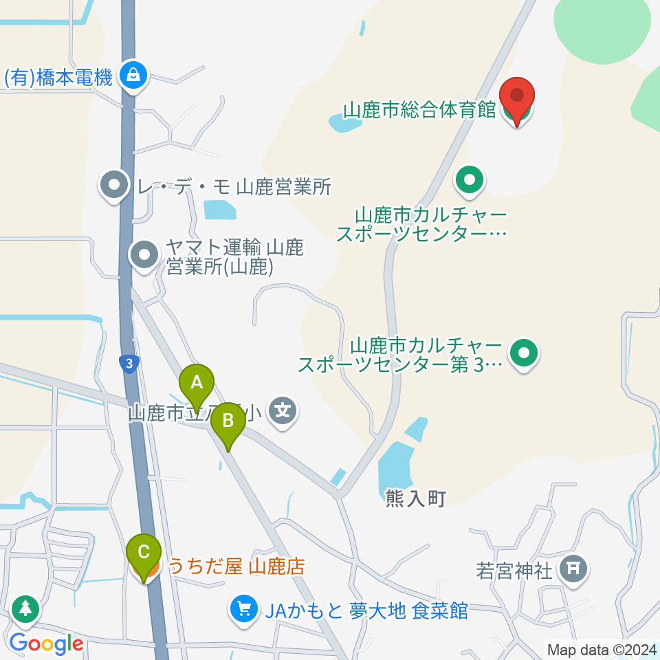 山鹿市総合体育館周辺のファミレス・ファーストフード一覧地図