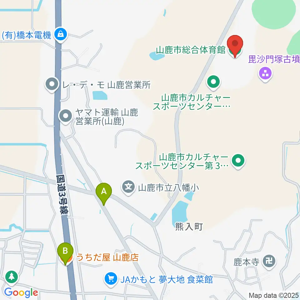 山鹿市総合体育館周辺のファミレス・ファーストフード一覧地図