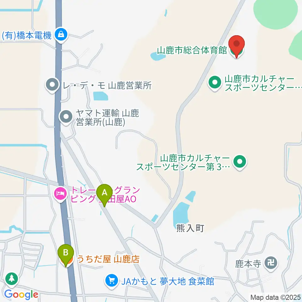 山鹿市総合体育館周辺のファミレス・ファーストフード一覧地図