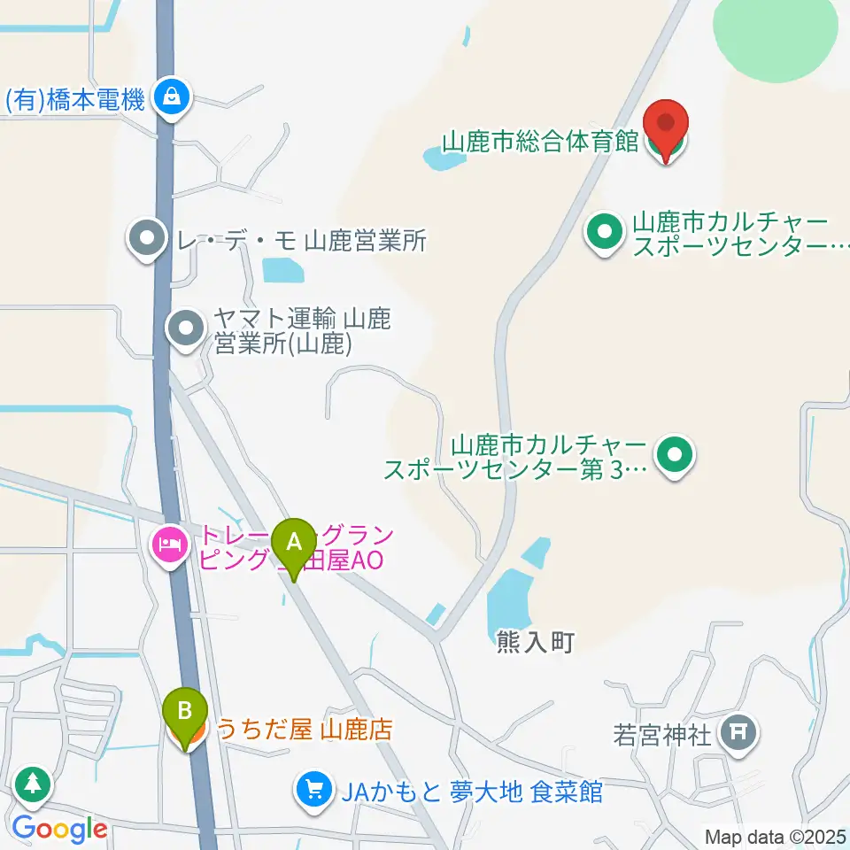 山鹿市総合体育館周辺のファミレス・ファーストフード一覧地図