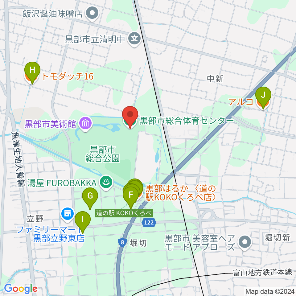 黒部市総合体育センター周辺のファミレス・ファーストフード一覧地図