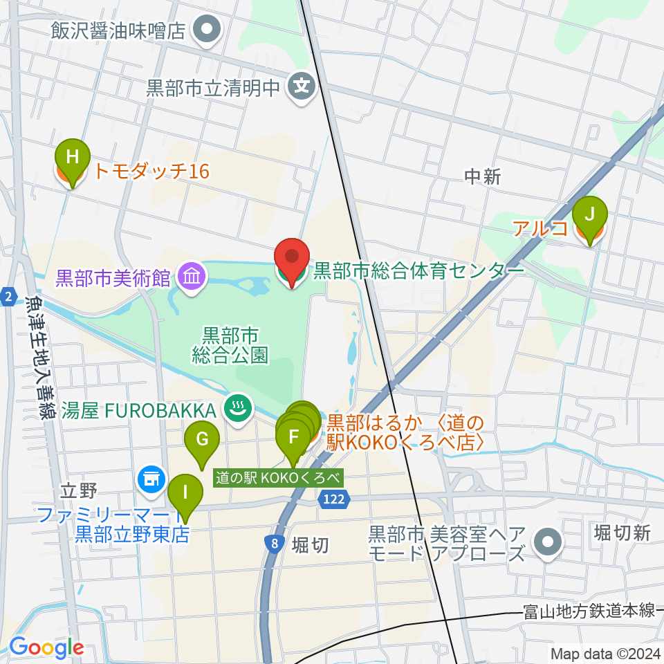 黒部市総合体育センター周辺のファミレス・ファーストフード一覧地図