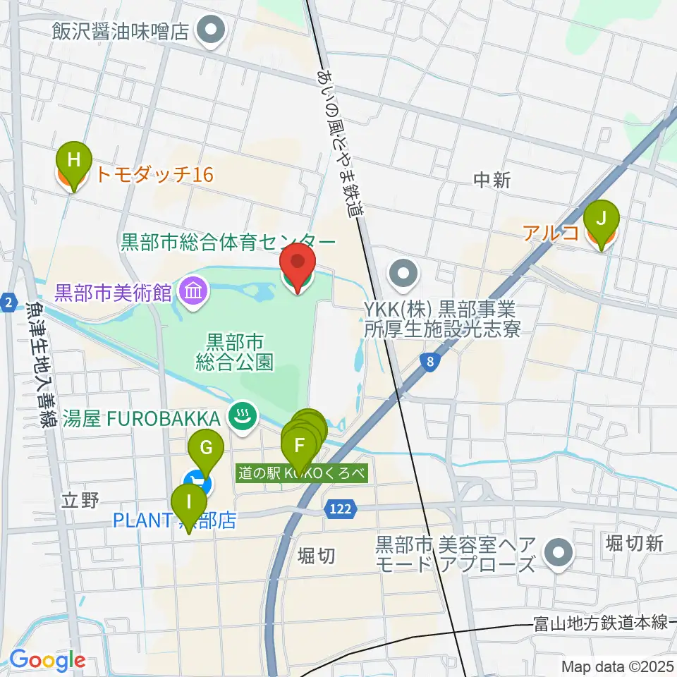 黒部市総合体育センター周辺のファミレス・ファーストフード一覧地図