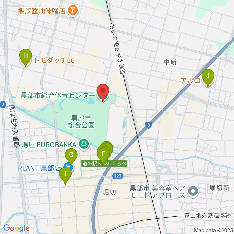 黒部市総合体育センター周辺のファミレス・ファーストフード一覧地図
