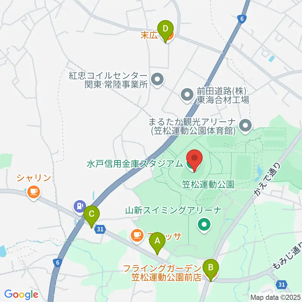 水戸信用金庫スタジアム周辺のファミレス・ファーストフード一覧地図