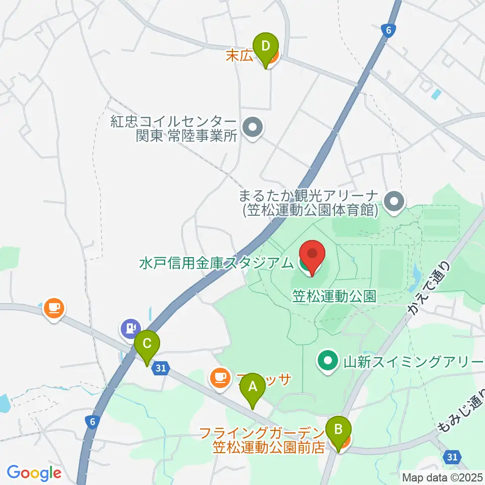 水戸信用金庫スタジアム周辺のファミレス・ファーストフード一覧地図