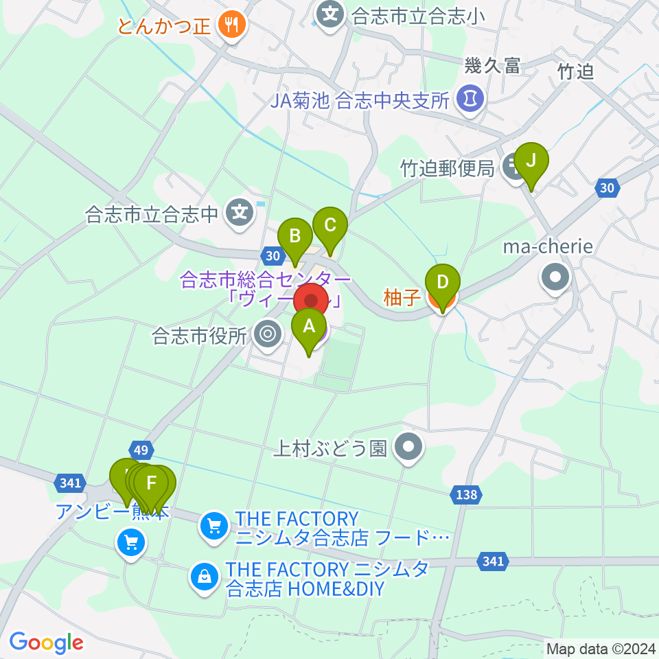 合志市総合体育館周辺のファミレス・ファーストフード一覧地図